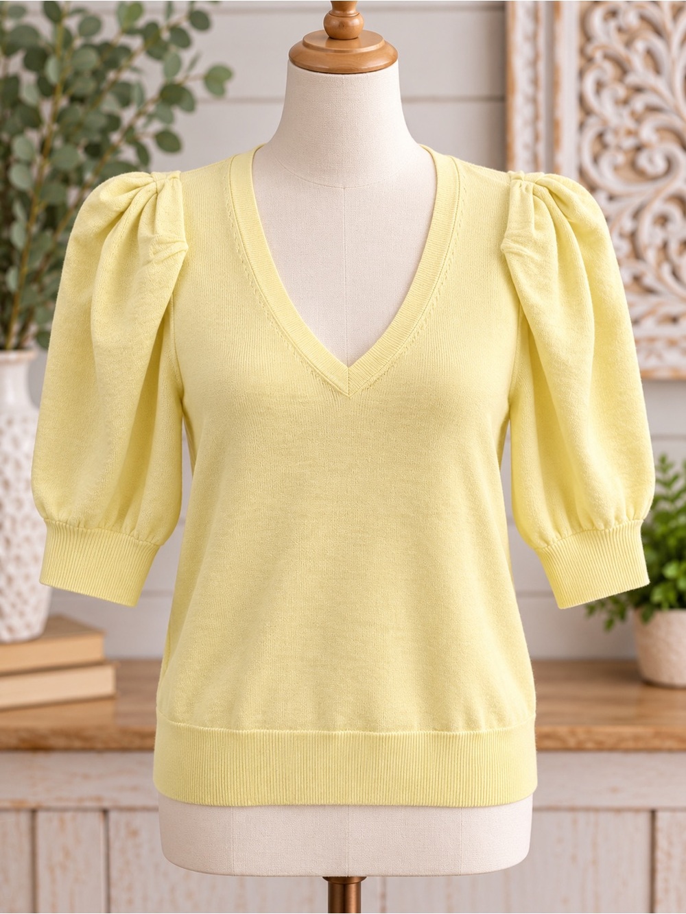 DKNY Yellow V-Neck Puff Sleeve Sweater